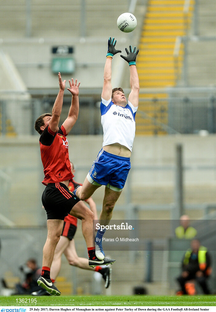 29 July 2017; Darren Hughes of Monaghan in action against Peter Turley of Down during the GAA Football All-Ireland Senior Championship Round 4B match between Down and Monaghan at Croke Park in Dublin. Photo by Piaras Ó Mídheach/Sportsfile