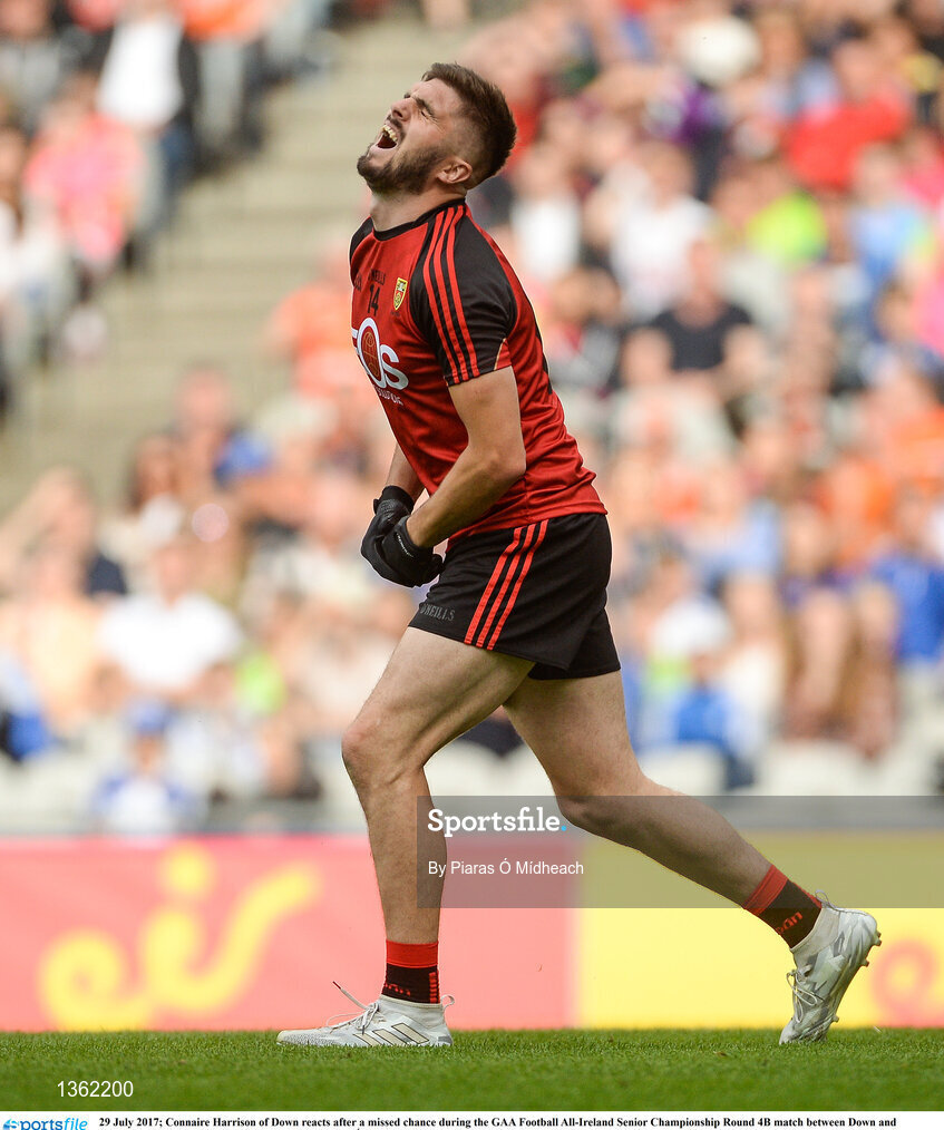 29 July 2017; Connaire Harrison of Down reacts after a missed chance during the GAA Football All-Ireland Senior Championship Round 4B match between Down and Monaghan at Croke Park in Dublin. Photo by Piaras Ó Mídheach/Sportsfile