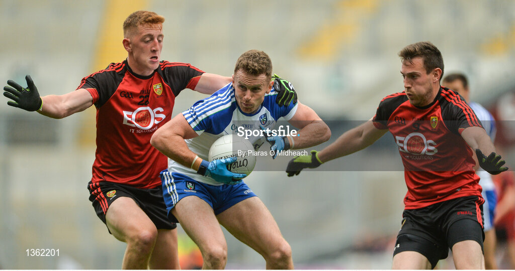 29 July 2017; Fintan Kelly of Monaghan in action against Seán Dornan, left, and Niall Donnelly of Down during the GAA Football All-Ireland Senior Championship Round 4B match between Down and Monaghan at Croke Park in Dublin. Photo by Piaras Ó Mídheach/Sportsfile