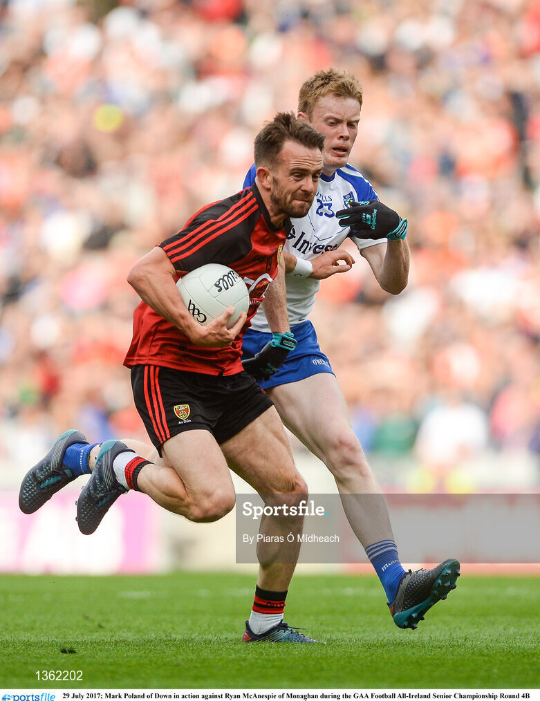 29 July 2017; Mark Poland of Down in action against Ryan McAnespie of Monaghan during the GAA Football All-Ireland Senior Championship Round 4B match between Down and Monaghan at Croke Park in Dublin. Photo by Piaras Ó Mídheach/Sportsfile