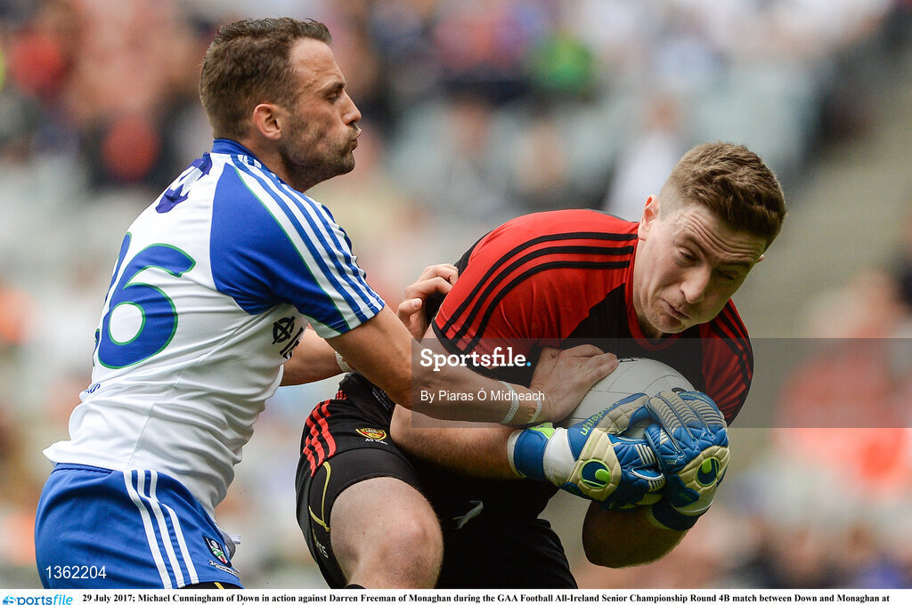 29 July 2017; Michael Cunningham of Down in action against Darren Freeman of Monaghan during the GAA Football All-Ireland Senior Championship Round 4B match between Down and Monaghan at Croke Park in Dublin. Photo by Piaras Ó Mídheach/Sportsfile