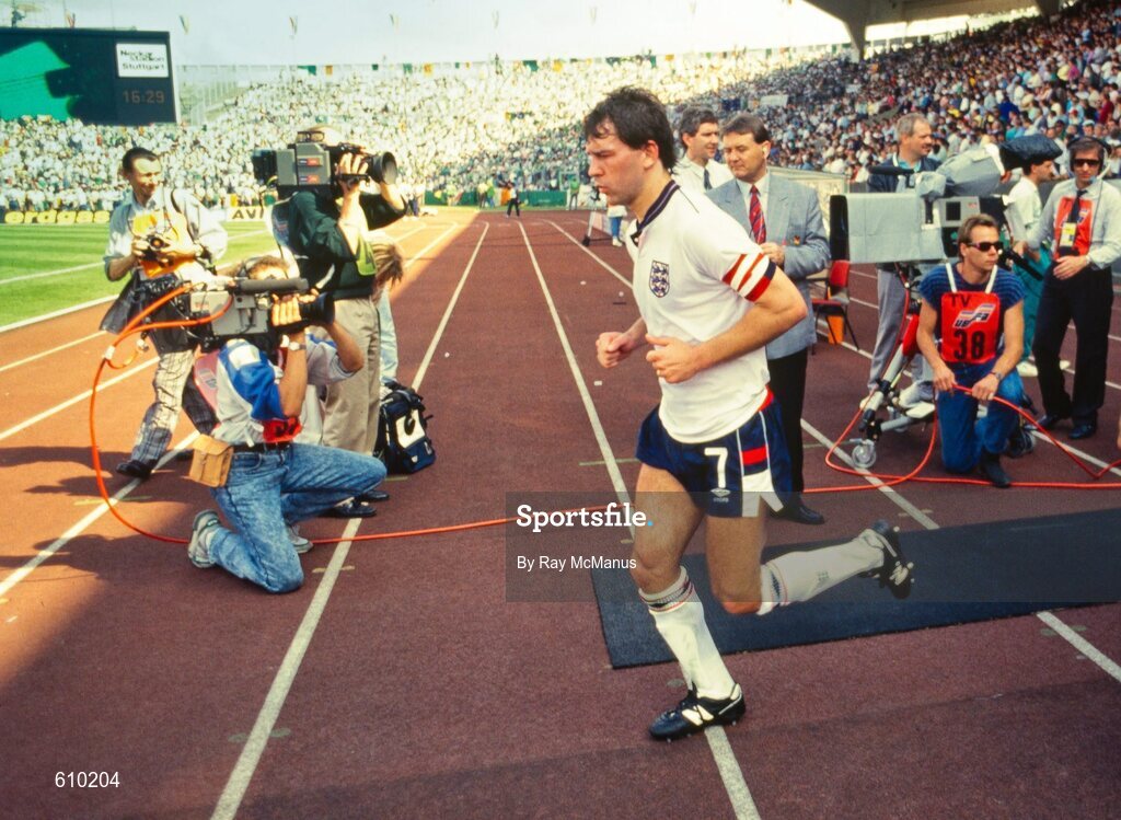 12 June 1988; England captain Bryan Robson leads out his side prior to the UEFA European Football Championship Finals Group B match between England and Republic of Ireland at Neckarstadion in Stuttgart, Germany. Photo by Ray McManus/Sportsfile