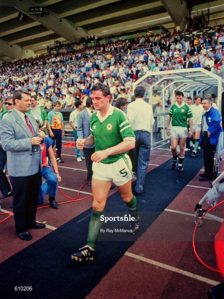 12 June 1988; Kevin Moran of Republic of Ireland makes his way out on to the pitch prior to the UEFA European Football Championship Finals Group B match between England and Republic of Ireland at Neckarstadion in Stuttgart, Germany. Photo by Ray McManus/Sportsfile
