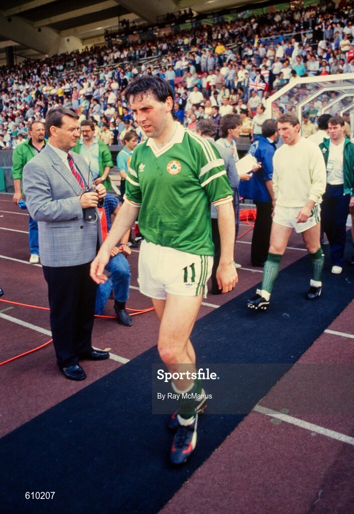 12 June 1988; Tony Galvin of Republic of Ireland makes his way out on to the pitch prior to the UEFA European Football Championship Finals Group B match between England and Republic of Ireland at Neckarstadion in Stuttgart, Germany. Photo by Ray McManus/Sportsfile