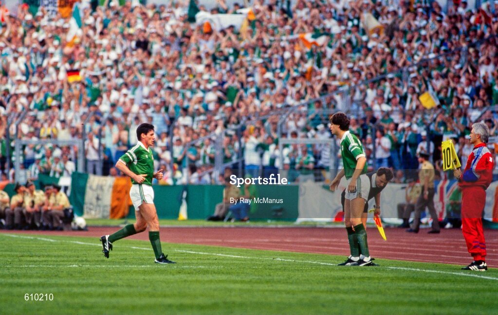 12 June 1988; Frank Stapleton of Republic of Ireland leaves the pitch to be substituted by team-mate Niall Quinn during the UEFA European Football Championship Finals Group B match between England and Republic of Ireland at Neckarstadion in Stuttgart, Germany. Photo by Ray McManus/Sportsfile
