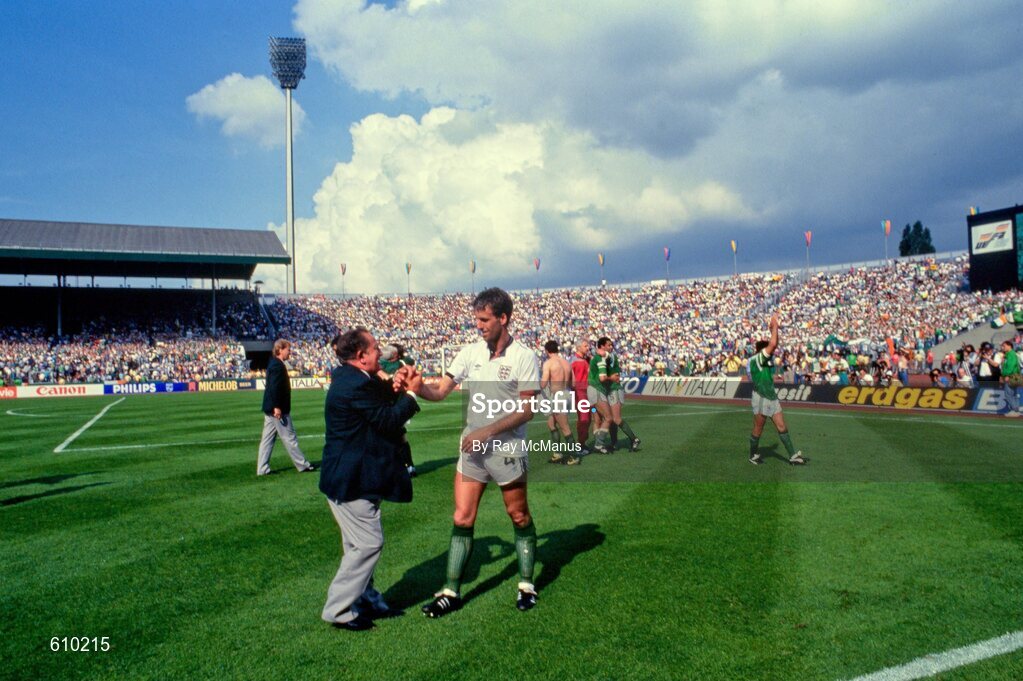 12 June 1988; Mick McCarthy of Republic of Ireland celebrates after the UEFA European Football Championship Finals Group B match between England and Republic of Ireland at Neckarstadion in Stuttgart, Germany. Photo by Ray McManus/Sportsfile