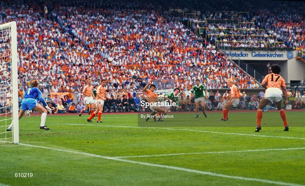 18 June 1988; Ray Houghton of Republic of Ireland in action against Gerald Vanenburg of Netherlands during the UEFA European Football Championship Finals Group B match between Republic of Ireland and Netherlands at Parkstadion in Gelsenkirchen, Germany. Photo by Ray McManus/Sportsfile