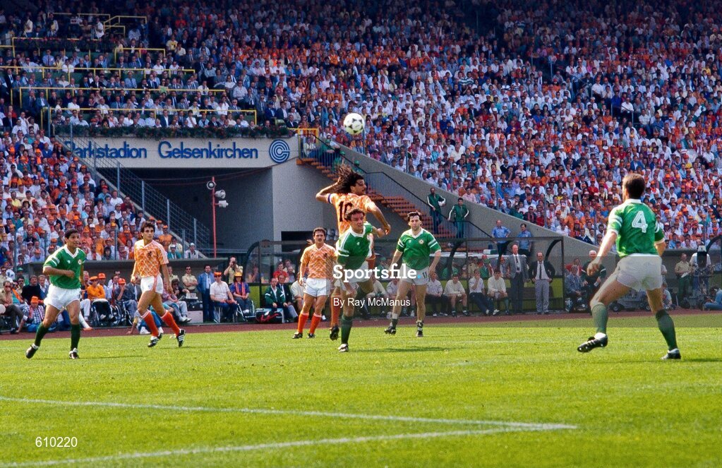 18 June 1988; Kevin Moran of Republic of Ireland in action against Ruud Gullit of Netherlands during the UEFA European Football Championship Finals Group B match between Republic of Ireland and Netherlands at Parkstadion in Gelsenkirchen, Germany. Photo by Ray McManus/Sportsfile