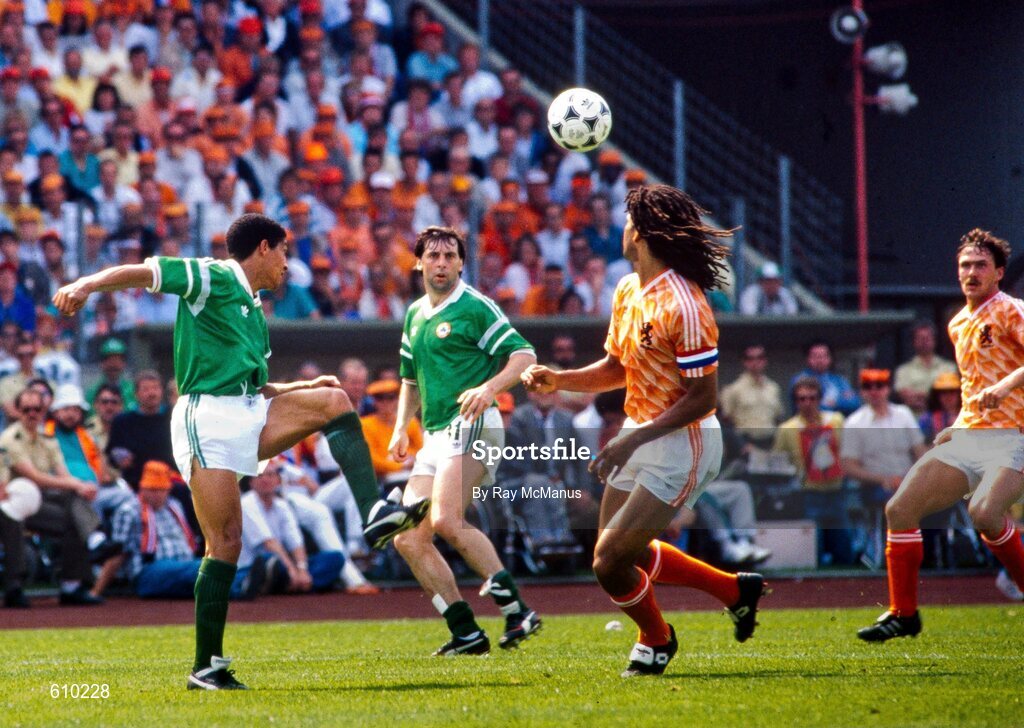 18 June 1988; Chris Hughton of Republic of Ireland in action against Ruud Gullit of Netherlands during the UEFA European Football Championship Finals Group B match between Republic of Ireland and Netherlands at Parkstadion in Gelsenkirchen, Germany. Photo by Ray McManus/Sportsfile