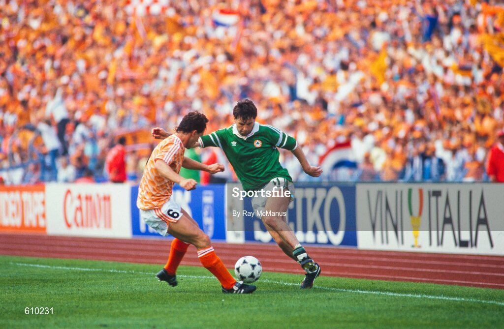 18 June 1988; Tony Galvin of Republic of Ireland in action against Berry van Basten of Netherlands during the UEFA European Football Championship Finals Group B match between Republic of Ireland and Netherlands at Parkstadion in Gelsenkirchen, Germany. Photo by Ray McManus/Sportsfile