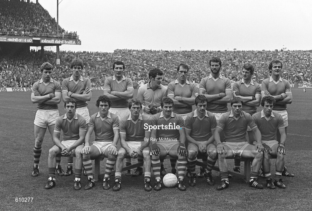 19 September 1982; The Kerry team, back row, from left, Jack O'Shea, Paudie Lynch, Eoin Liston, John O'Keeffe, Charlie Nelligan, Tim Kennelly, Tom Spillane and Sean Walsh, with, front, from left, Mikey Sheehy, Páidí Ó Sé, Tommy Doyle, John Egan, Ger O'Keeffe, Ger Power and Denis Ogie Moran, sit for a team photo before the GAA All-Ireland Senior Football Championship final between Offaly and Kerry at Croke Park in Dublin. Photo by Ray McManus/Sportsfile