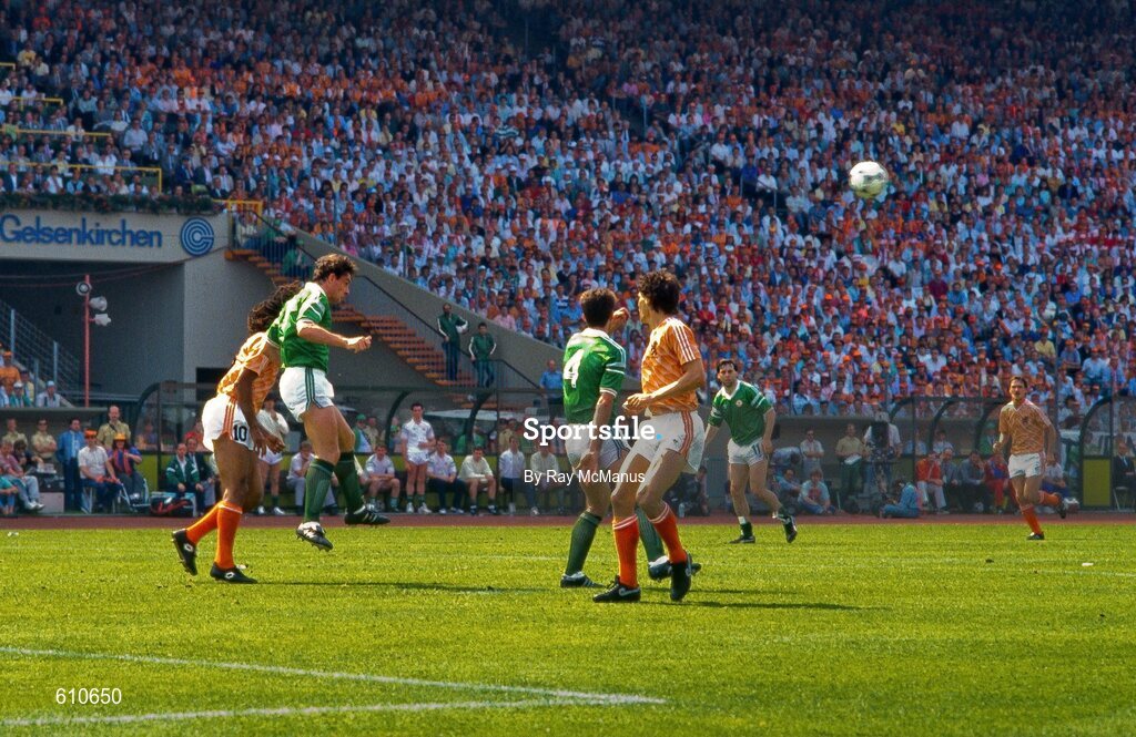 18 June 1988; Kevin Moran of Republic of Ireland in action against Ruud Gullit of Netherlands during the UEFA European Football Championship Finals Group B match between Republic of Ireland and Netherlands at Parkstadion in Gelsenkirchen, Germany. Photo by Ray McManus/Sportsfile
