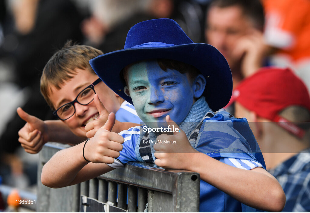 5 August 2017; Dublin supporters Daniel Fox, 10, from Ongar, and his friend Harry Byrne, 9, from Glasnevin, during the GAA Football All-Ireland Senior Championship Quarter-Final match between Dublin and Monaghan at Croke Park in Dublin. Photo by Ray McManus/Sportsfile