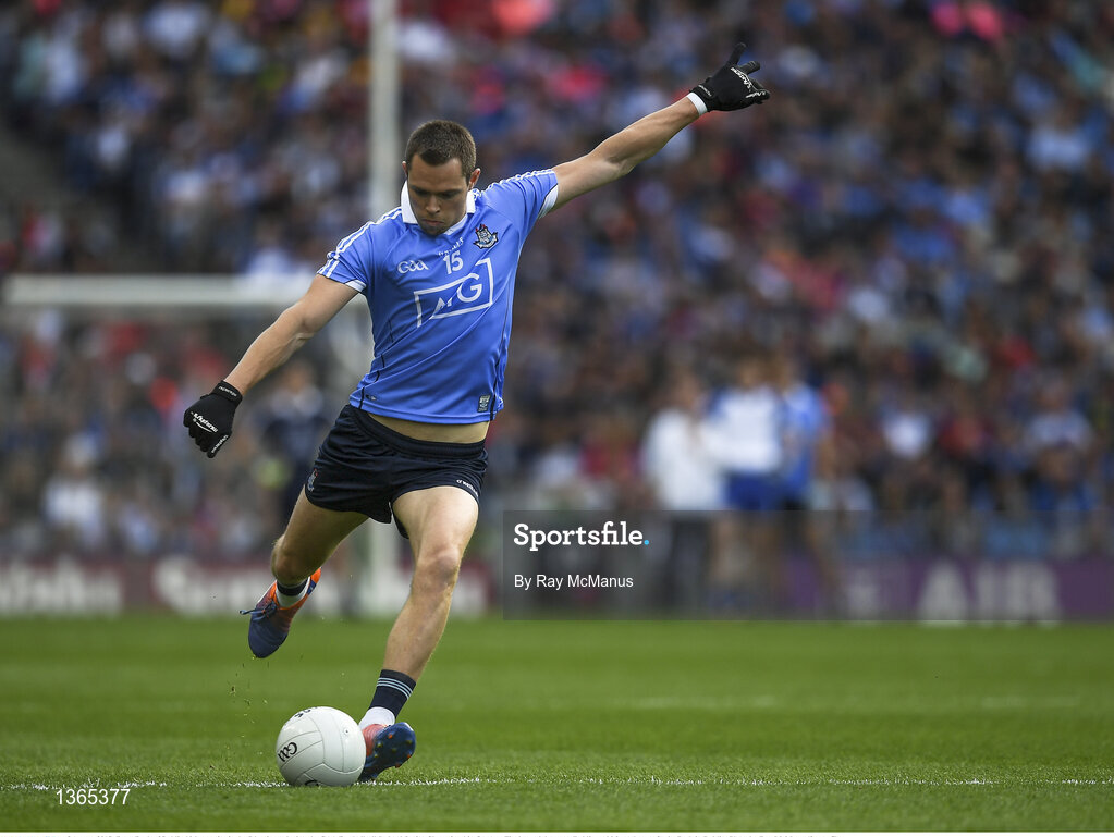5 August 2017; Dean Rock of Dublin kicks a point in the 7th minute during the GAA Football All-Ireland Senior Championship Quarter-Final match between Dublin and Monaghan at Croke Park in Dublin. Photo by Ray McManus/Sportsfile