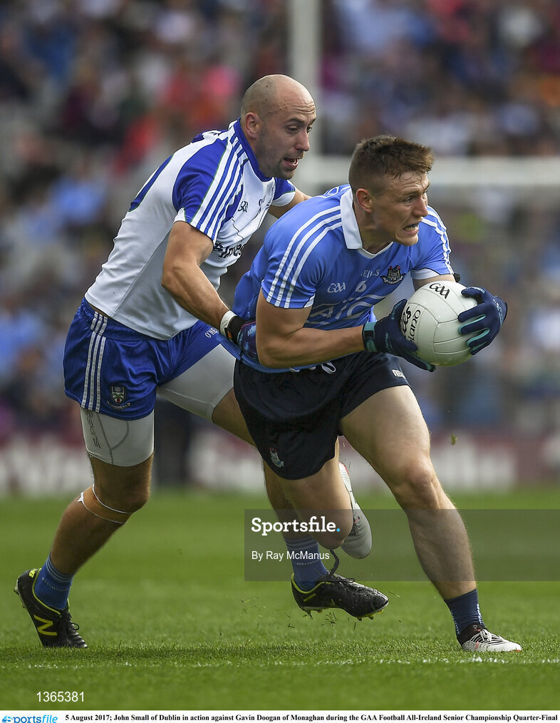 5 August 2017; John Small of Dublin in action against Gavin Doogan of Monaghan during the GAA Football All-Ireland Senior Championship Quarter-Final match between Dublin and Monaghan at Croke Park in Dublin. Photo by Ray McManus/Sportsfile