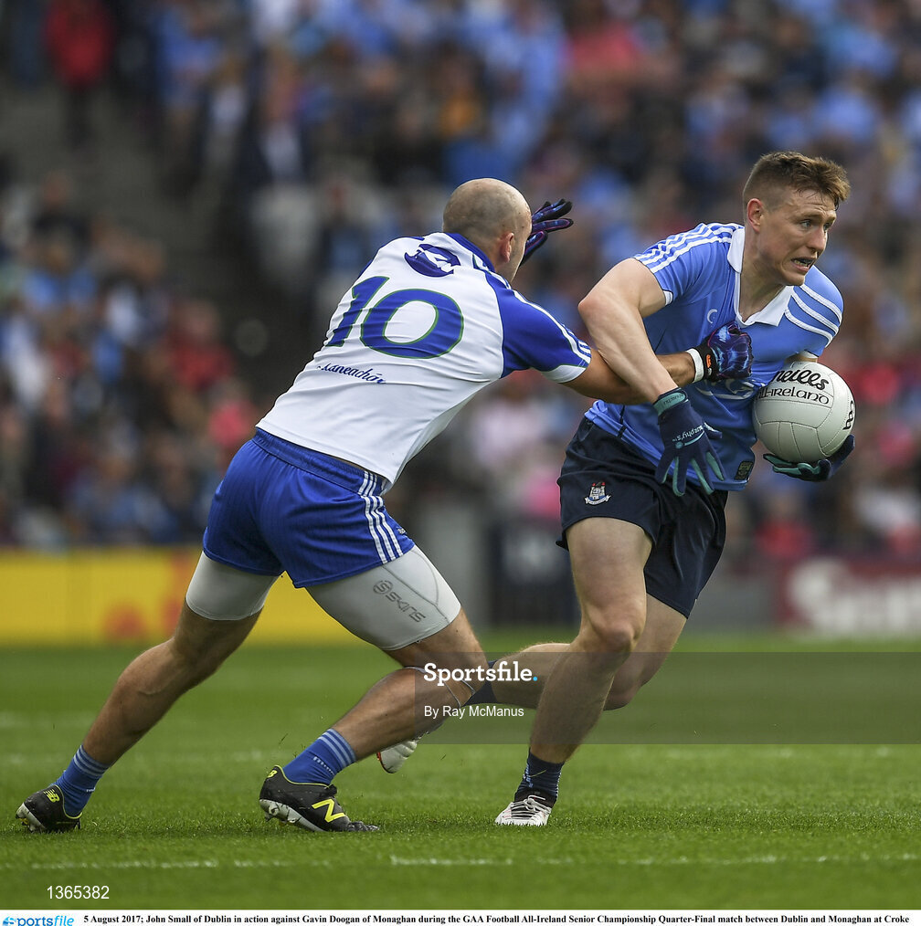 5 August 2017; John Small of Dublin in action against Gavin Doogan of Monaghan during the GAA Football All-Ireland Senior Championship Quarter-Final match between Dublin and Monaghan at Croke Park in Dublin. Photo by Ray McManus/Sportsfile