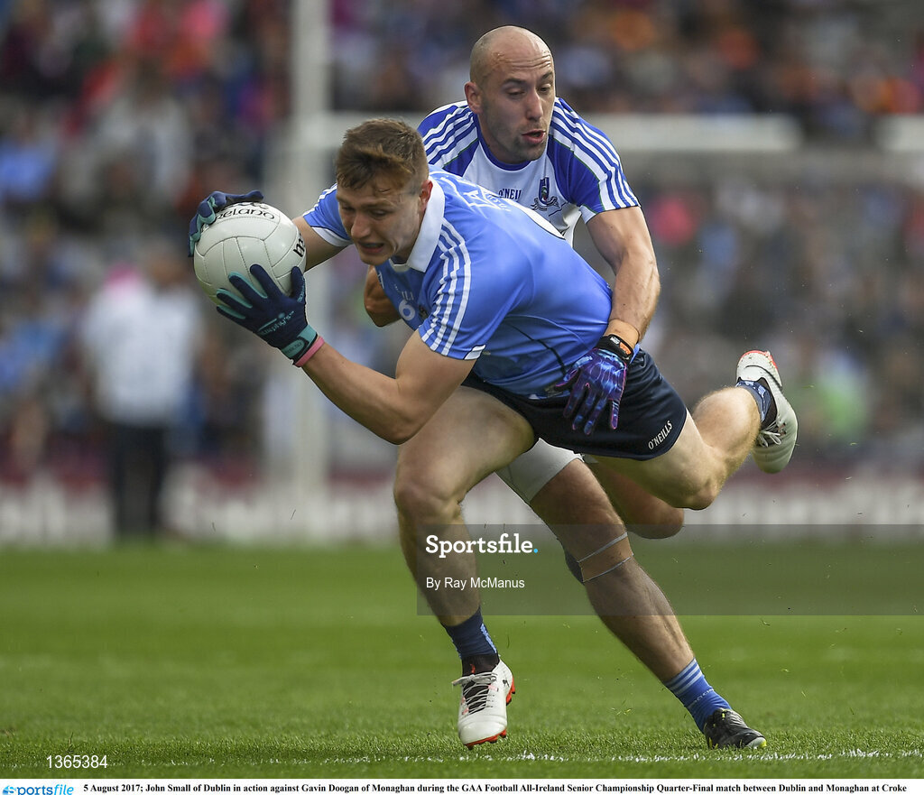 5 August 2017; John Small of Dublin in action against Gavin Doogan of Monaghan during the GAA Football All-Ireland Senior Championship Quarter-Final match between Dublin and Monaghan at Croke Park in Dublin. Photo by Ray McManus/Sportsfile