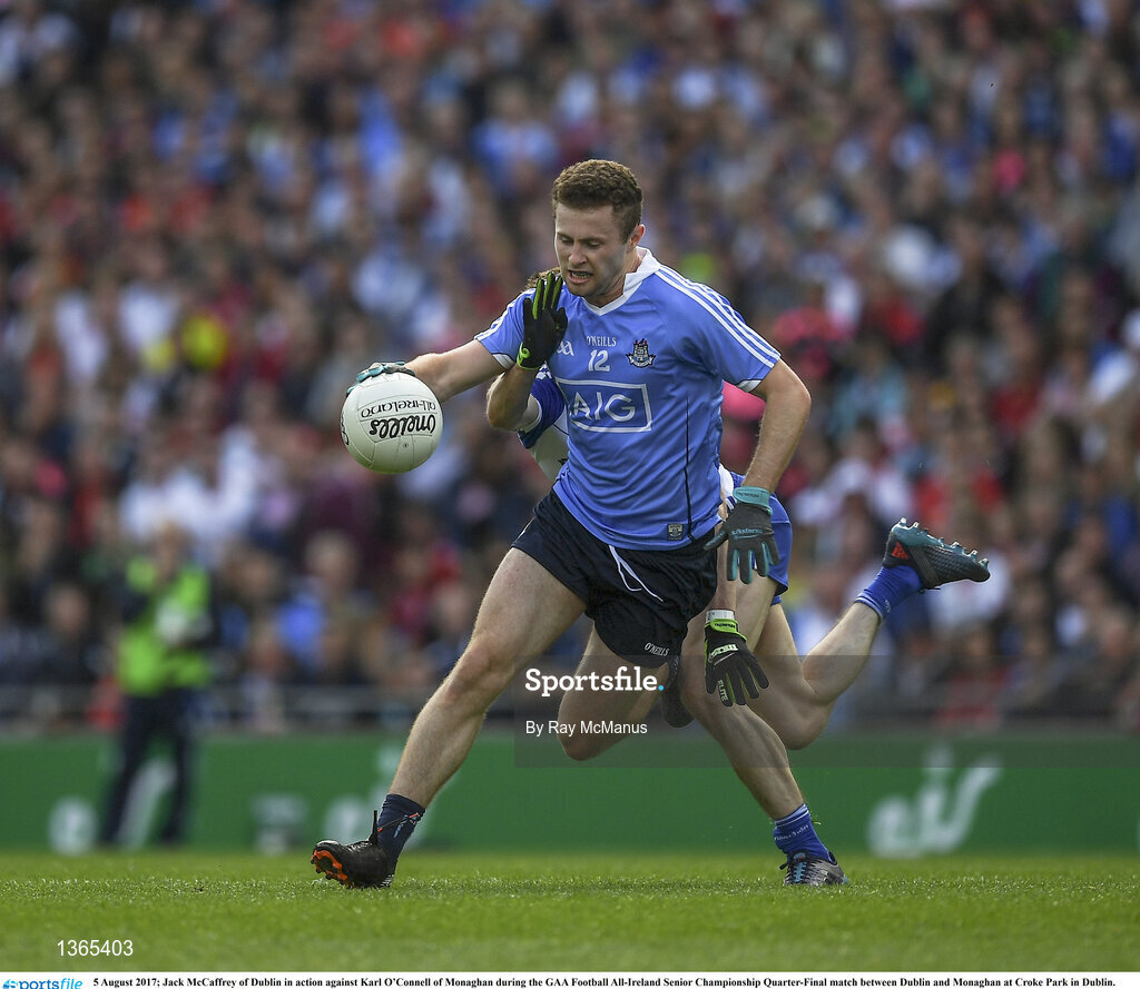 5 August 2017; Jack McCaffrey of Dublin in action against Karl O’Connell of Monaghan during the GAA Football All-Ireland Senior Championship Quarter-Final match between Dublin and Monaghan at Croke Park in Dublin. Photo by Ray McManus/Sportsfile