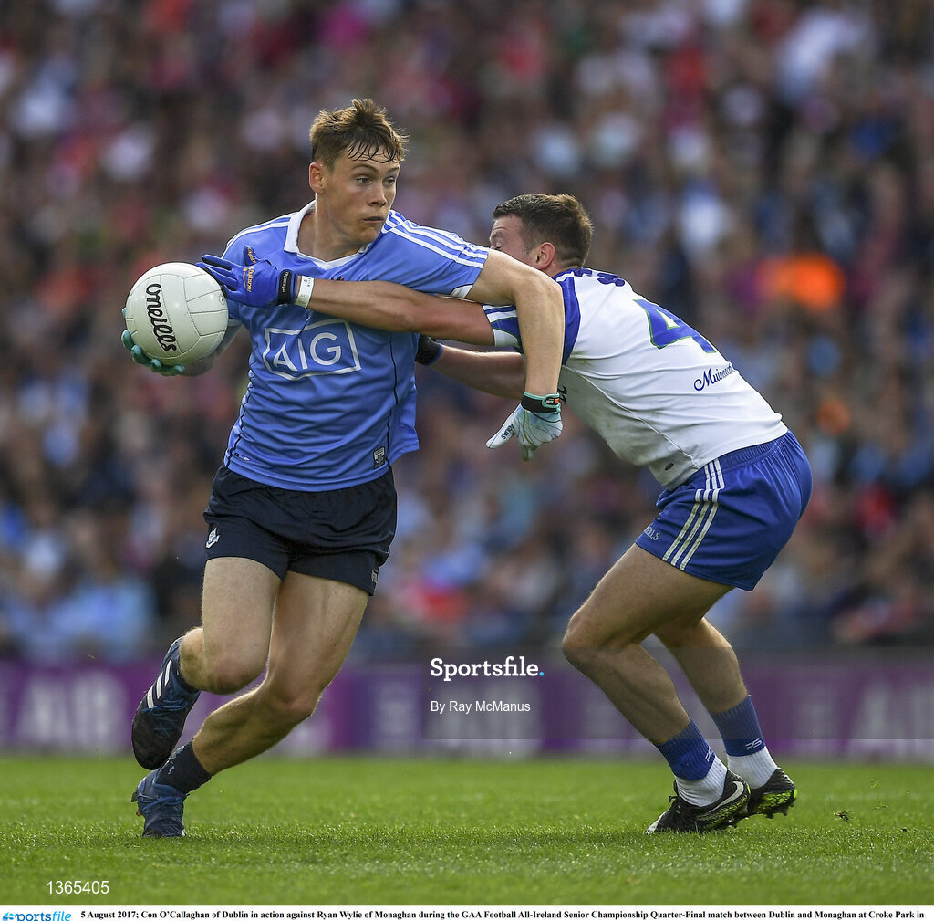 5 August 2017; Con O’Callaghan of Dublin in action against Ryan Wylie of Monaghan during the GAA Football All-Ireland Senior Championship Quarter-Final match between Dublin and Monaghan at Croke Park in Dublin. Photo by Ray McManus/Sportsfile