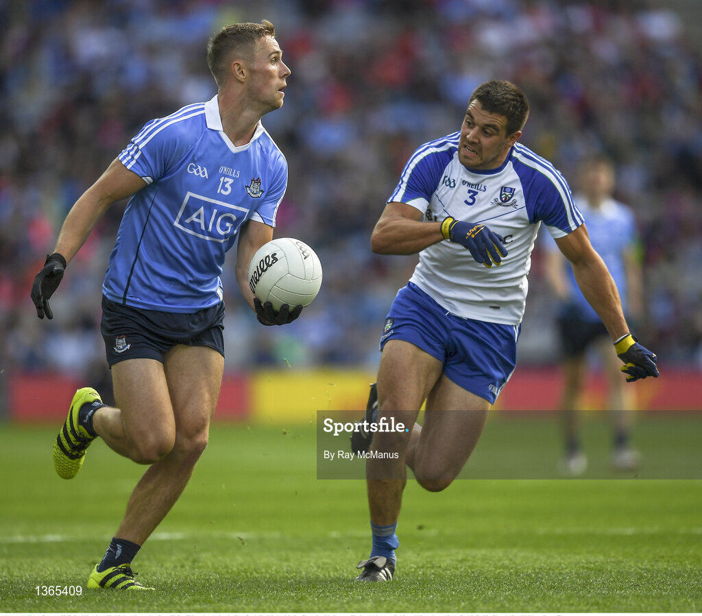5 August 2017; Paul Mannion of Dublin in action against Drew Wylie of Monaghan during the GAA Football All-Ireland Senior Championship Quarter-Final match between Dublin and Monaghan at Croke Park in Dublin. Photo by Ray McManus/Sportsfile
