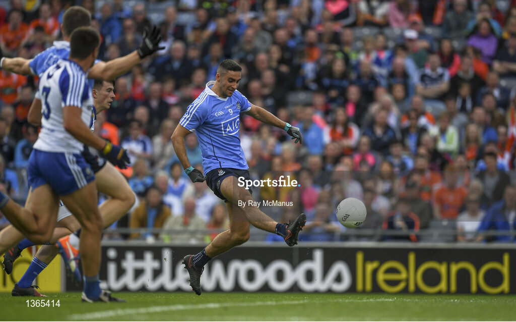 5 August 2017; James McCarthy of Dublin fires in a shot at goal, that was saved, during the first half of the GAA Football All-Ireland Senior Championship Quarter-Final match between Dublin and Monaghan at Croke Park in Dublin. Photo by Ray McManus/Sportsfile