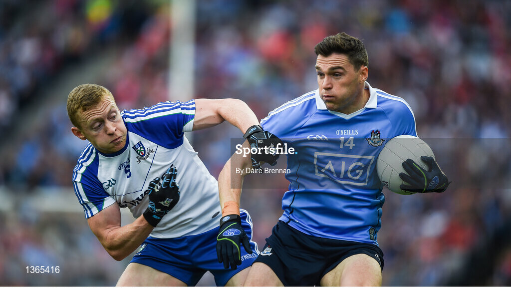 5 August 2017; Paddy Andrews of Dublin in action against Colin Walshe of Monaghan during the GAA Football All-Ireland Senior Championship Quarter-Final match between Dublin and Monaghan at Croke Park in Dublin. Photo by Daire Brennan/Sportsfile