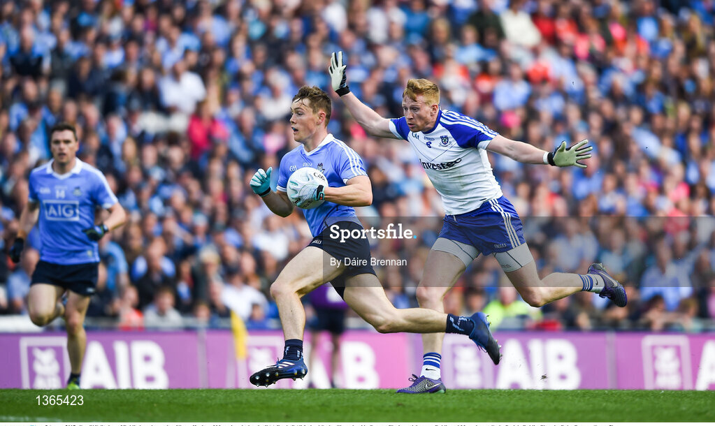 5 August 2017; Con O'Callaghan of Dublin in action against Kieran Hughes of Monaghan during the GAA Football All-Ireland Senior Championship Quarter-Final match between Dublin and Monaghan at Croke Park in Dublin. Photo by Daire Brennan/Sportsfile