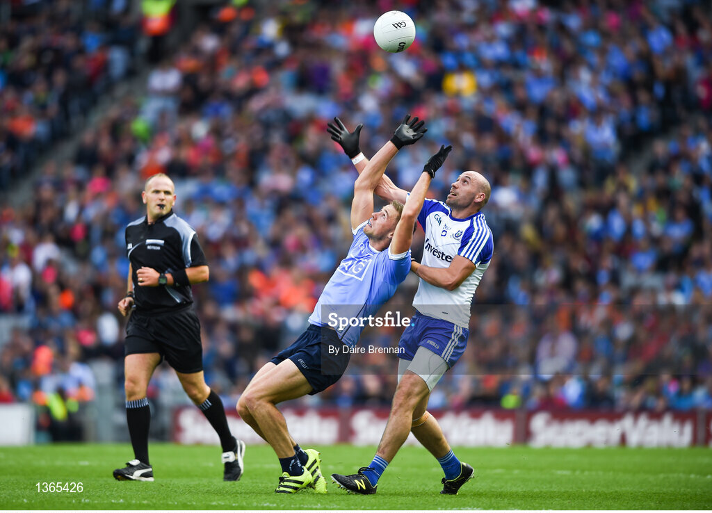 5 August 2017; Paul Mannion of Dublin in action against Gavin Doogan of Monaghan during the GAA Football All-Ireland Senior Championship Quarter-Final match between Dublin and Monaghan at Croke Park in Dublin. Photo by Daire Brennan/Sportsfile