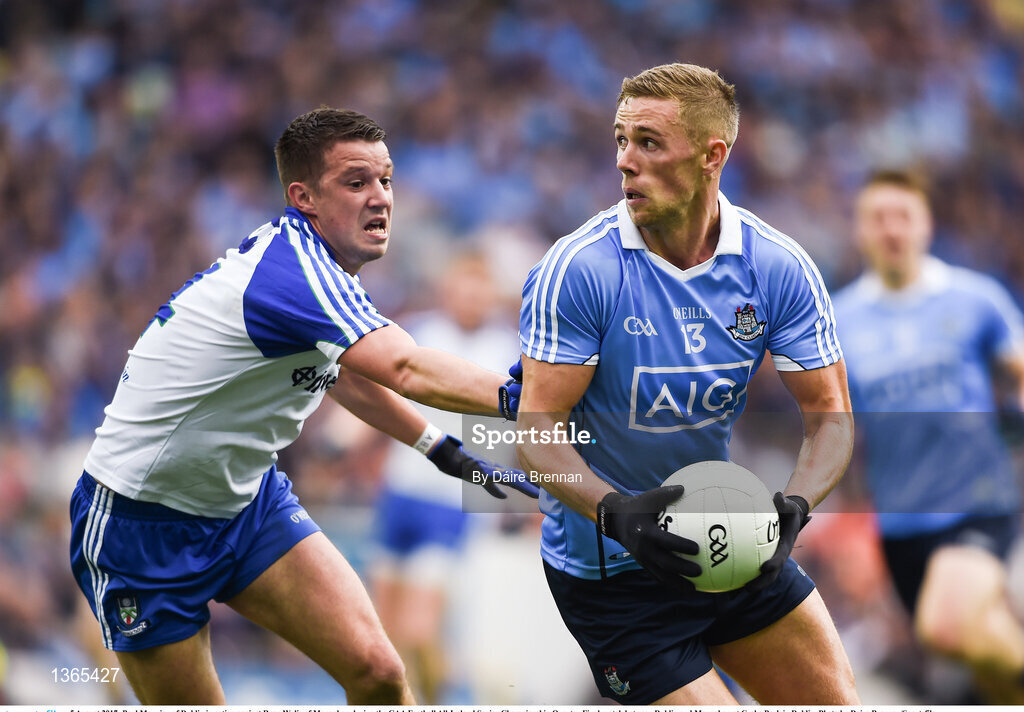 5 August 2017; Paul Mannion of Dublin in action against Ryan Wylie of Monaghan during the GAA Football All-Ireland Senior Championship Quarter-Final match between Dublin and Monaghan at Croke Park in Dublin. Photo by Daire Brennan/Sportsfile