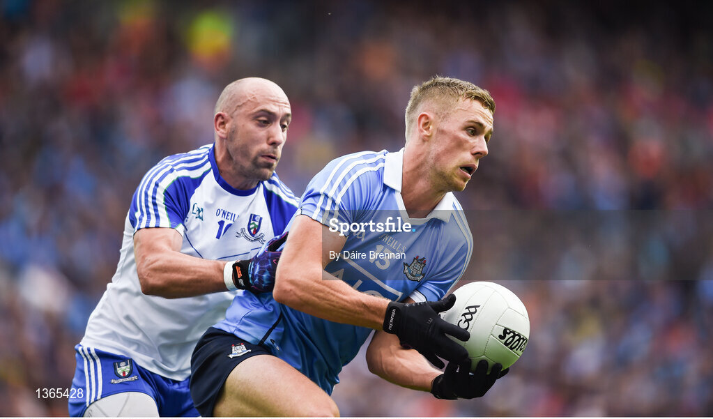 5 August 2017; Paul Mannion of Dublin in action against Gavin Doogan of Monaghan during the GAA Football All-Ireland Senior Championship Quarter-Final match between Dublin and Monaghan at Croke Park in Dublin. Photo by Daire Brennan/Sportsfile