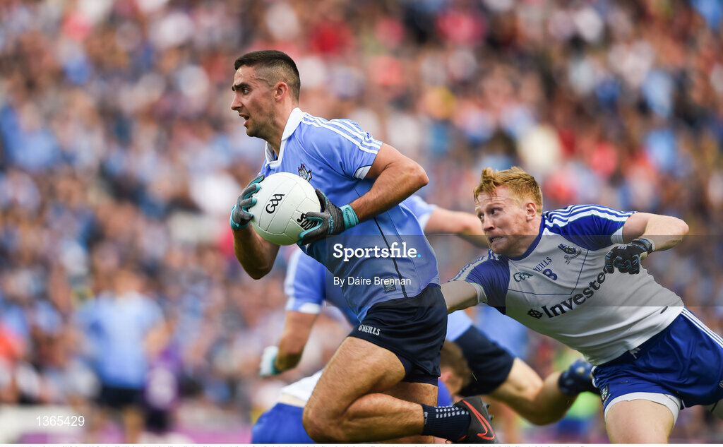 5 August 2017; James McCarthy of Dublin in action against Kieran Hughes of Monaghan during the GAA Football All-Ireland Senior Championship Quarter-Final match between Dublin and Monaghan at Croke Park in Dublin. Photo by Daire Brennan/Sportsfile