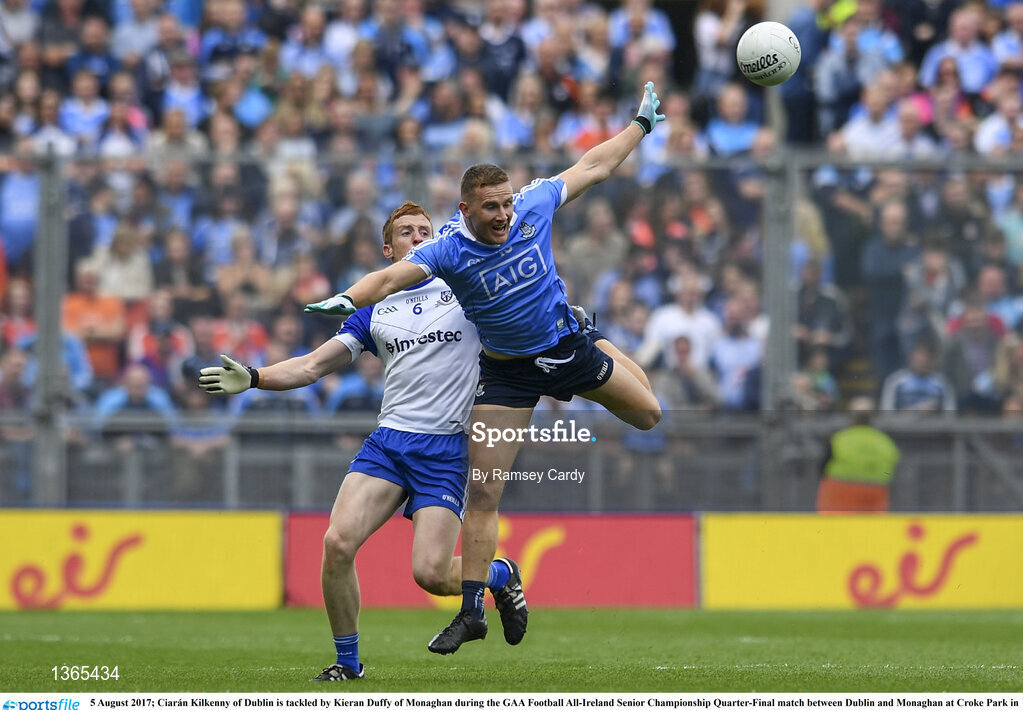 5 August 2017; Ciarán Kilkenny of Dublin is tackled by Kieran Duffy of Monaghan during the GAA Football All-Ireland Senior Championship Quarter-Final match between Dublin and Monaghan at Croke Park in Dublin. Photo by Ramsey Cardy/Sportsfile