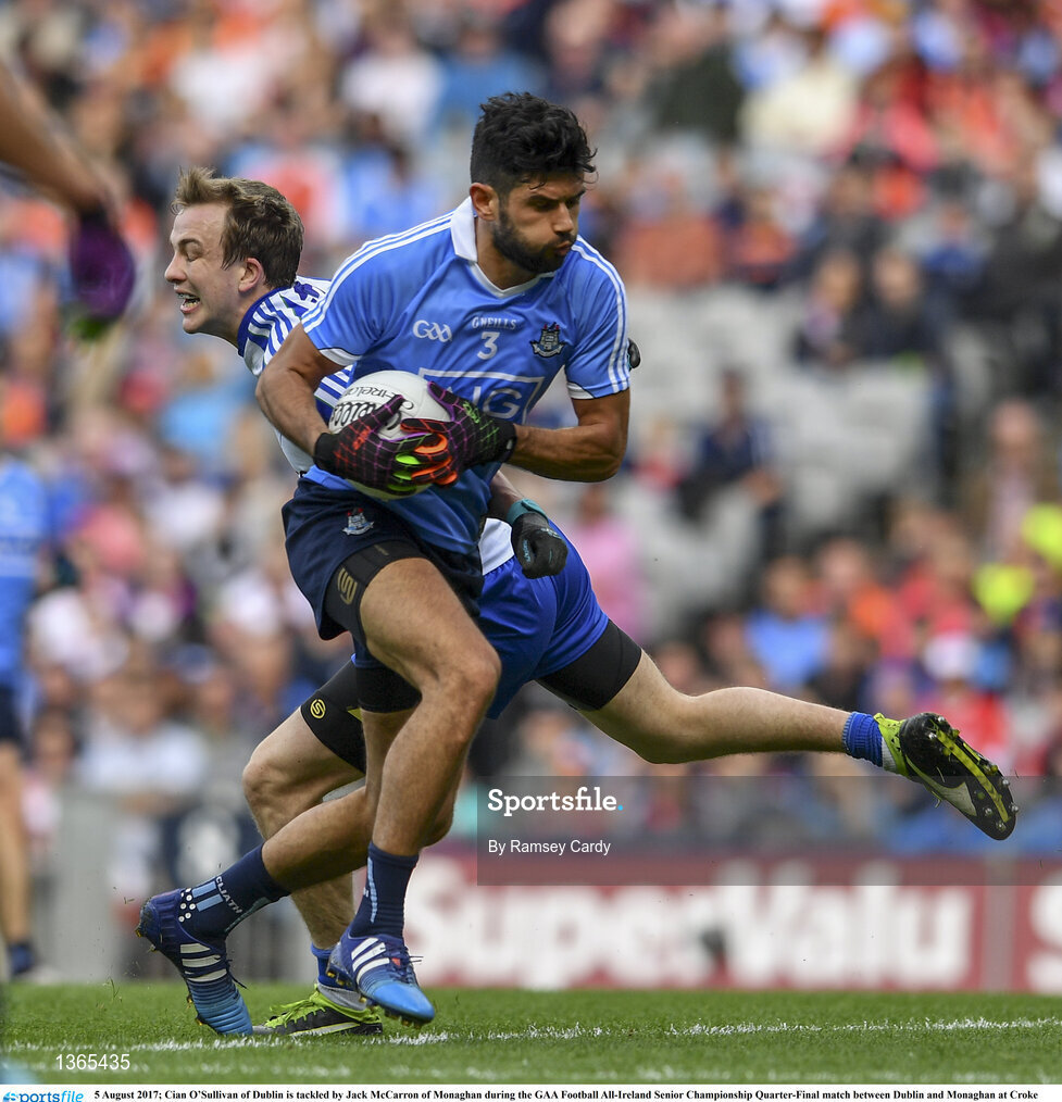 5 August 2017; Cian O’Sullivan of Dublin is tackled by Jack McCarron of Monaghan during the GAA Football All-Ireland Senior Championship Quarter-Final match between Dublin and Monaghan at Croke Park in Dublin. Photo by Ramsey Cardy/Sportsfile