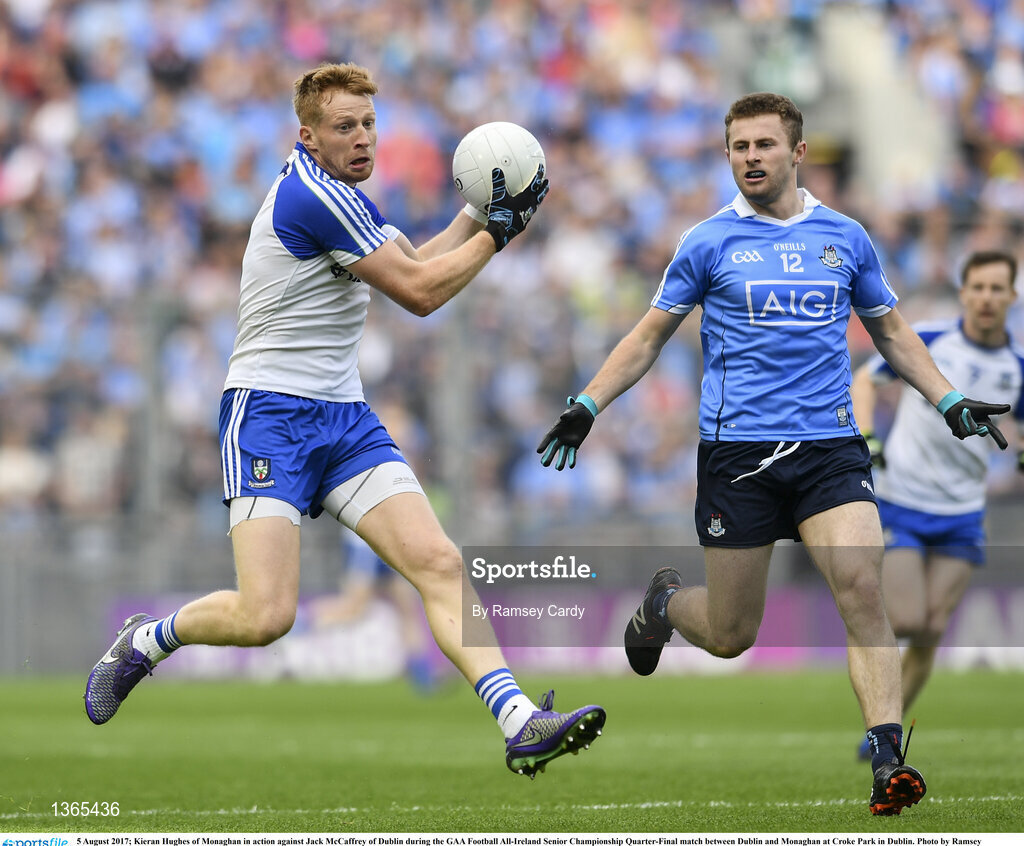 5 August 2017; Kieran Hughes of Monaghan in action against Jack McCaffrey of Dublin during the GAA Football All-Ireland Senior Championship Quarter-Final match between Dublin and Monaghan at Croke Park in Dublin. Photo by Ramsey Cardy/Sportsfile