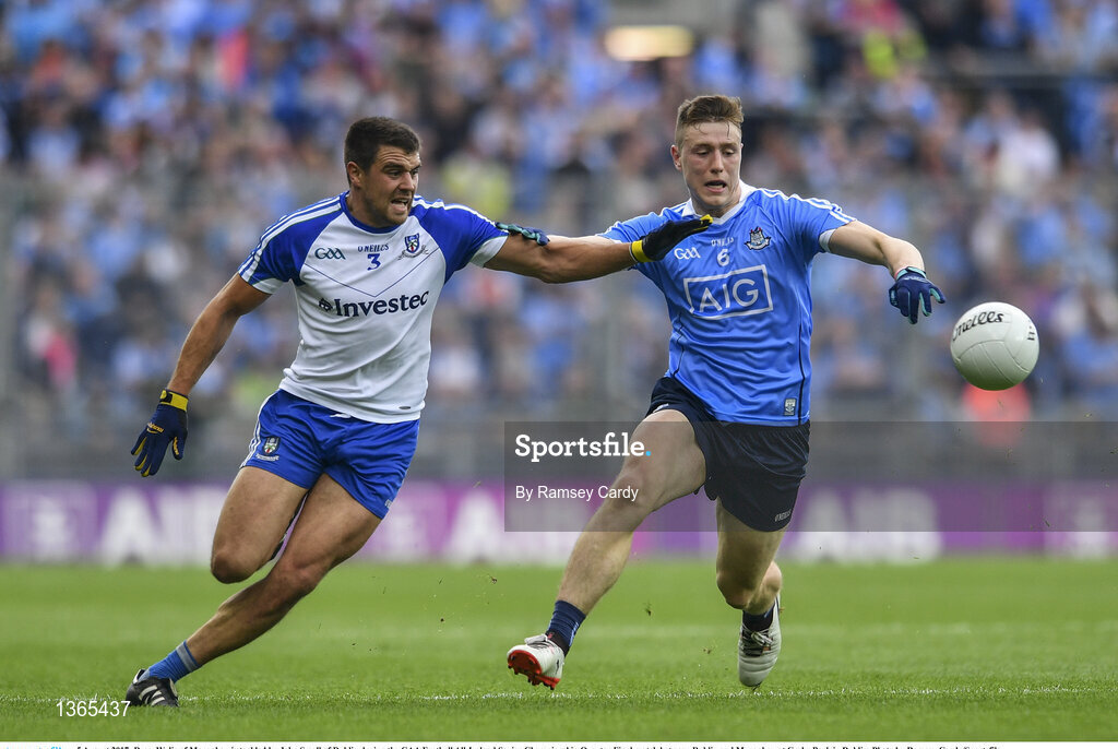 5 August 2017; Drew Wylie of Monaghan is tackled by John Small of Dublin during the GAA Football All-Ireland Senior Championship Quarter-Final match between Dublin and Monaghan at Croke Park in Dublin. Photo by Ramsey Cardy/Sportsfile