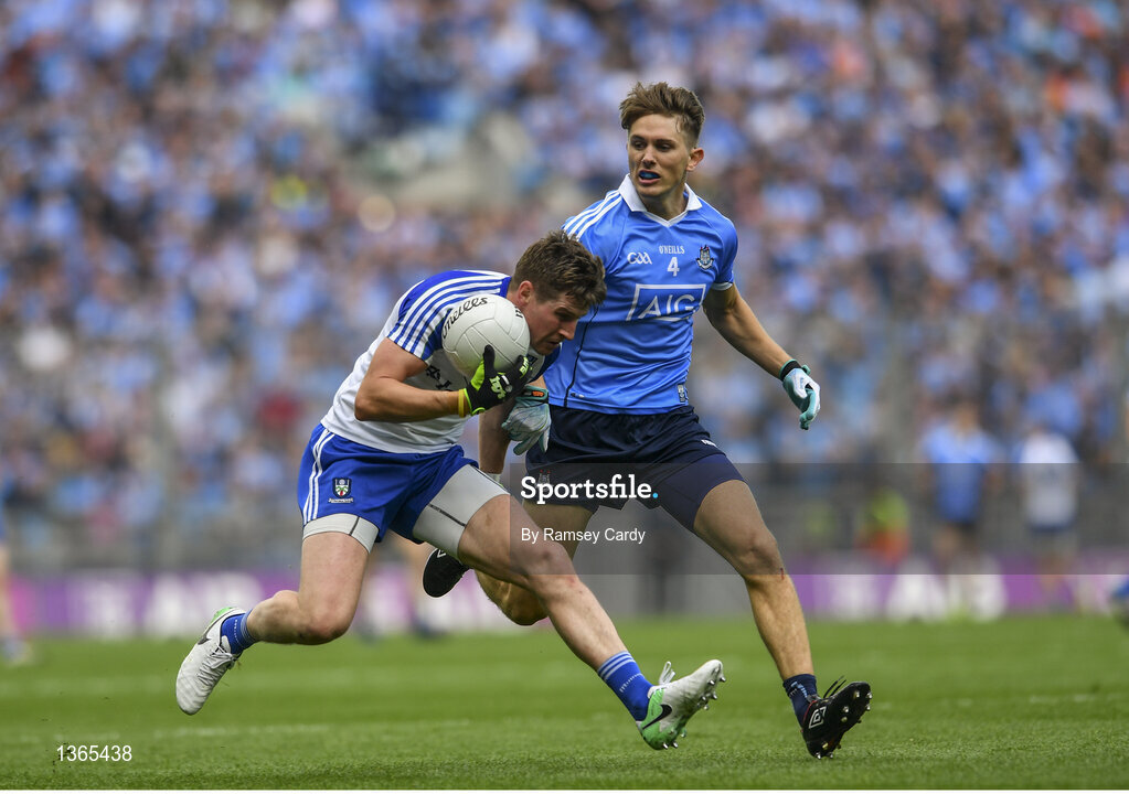 5 August 2017; Darren Hughes of Monaghan in action against Mick Fitzsimons of Dublin during the GAA Football All-Ireland Senior Championship Quarter-Final match between Dublin and Monaghan at Croke Park in Dublin. Photo by Ramsey Cardy/Sportsfile
