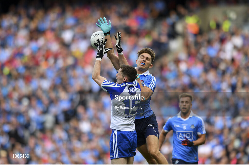 5 August 2017; Conor McManus of Monaghan is tackled by Mick Fitzsimons of Dublin during the GAA Football All-Ireland Senior Championship Quarter-Final match between Dublin and Monaghan at Croke Park in Dublin. Photo by Ramsey Cardy/Sportsfile