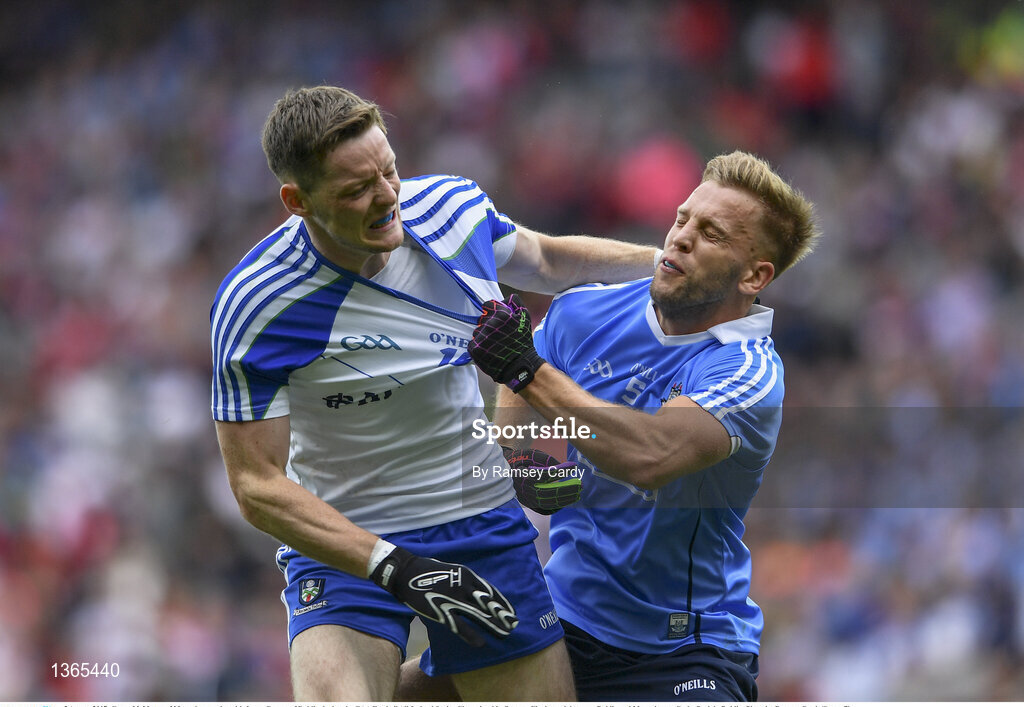 5 August 2017; Conor McManus of Monaghan tussles with Jonny Cooper of Dublin during the GAA Football All-Ireland Senior Championship Quarter-Final match between Dublin and Monaghan at Croke Park in Dublin. Photo by Ramsey Cardy/Sportsfile