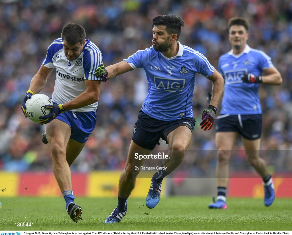 5 August 2017; Drew Wylie of Monaghan in action against Cian O’Sullivan of Dublin during the GAA Football All-Ireland Senior Championship Quarter-Final match between Dublin and Monaghan at Croke Park in Dublin. Photo by Ramsey Cardy/Sportsfile