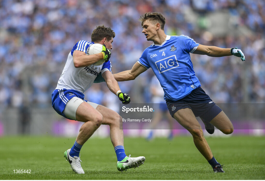 5 August 2017; Darren Hughes of Monaghan in action against Mick Fitzsimons of Dublin during the GAA Football All-Ireland Senior Championship Quarter-Final match between Dublin and Monaghan at Croke Park in Dublin. Photo by Ramsey Cardy/Sportsfile