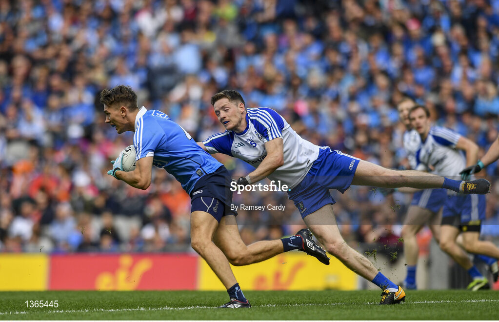 5 August 2017; Mick Fitzsimons of Dublin is tackled by Conor McManus of Monaghan during the GAA Football All-Ireland Senior Championship Quarter-Final match between Dublin and Monaghan at Croke Park in Dublin. Photo by Ramsey Cardy/Sportsfile