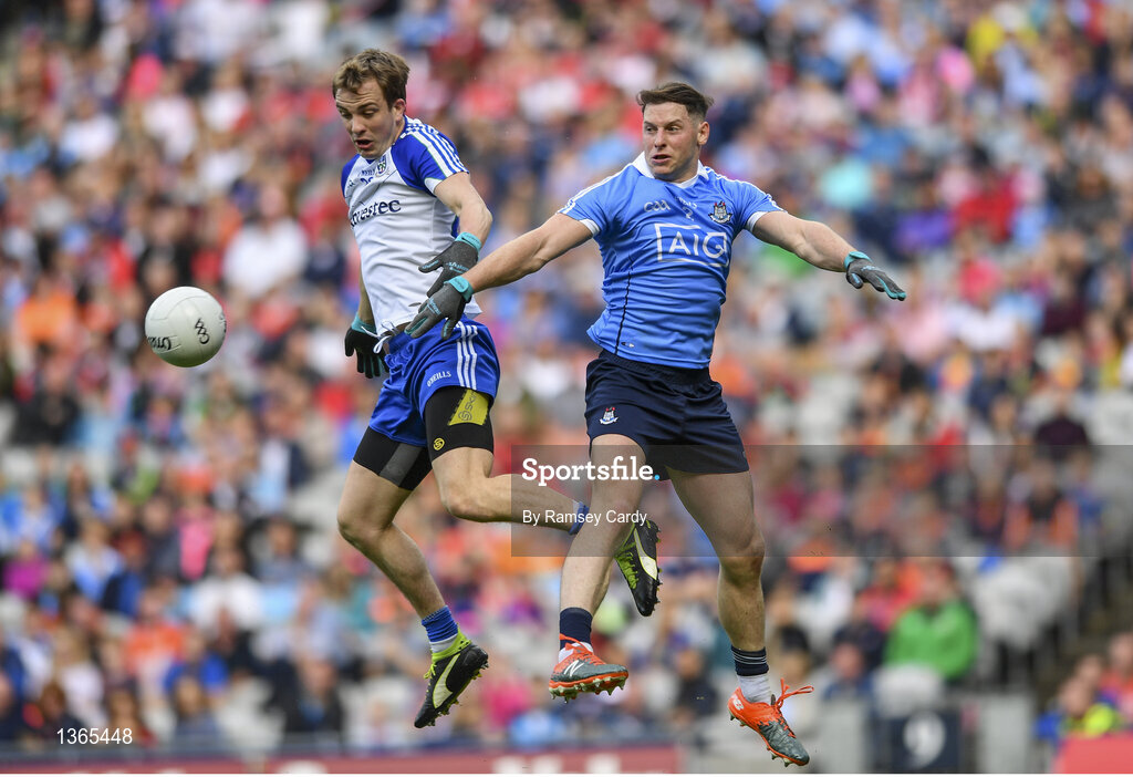 5 August 2017; Jack McCarron of Monaghan in action against Philly McMahon of Dublin during the GAA Football All-Ireland Senior Championship Quarter-Final match between Dublin and Monaghan at Croke Park in Dublin. Photo by Ramsey Cardy/Sportsfile