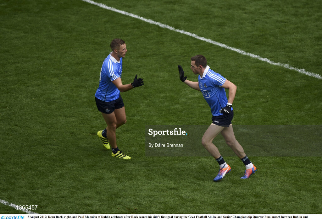 5 August 2017; Dean Rock, right, and Paul Mannion of Dublin celebrate after Rock scored his side's first goal during the GAA Football All-Ireland Senior Championship Quarter-Final match between Dublin and Monaghan at Croke Park in Dublin. Photo by Daire Brennan/Sportsfile