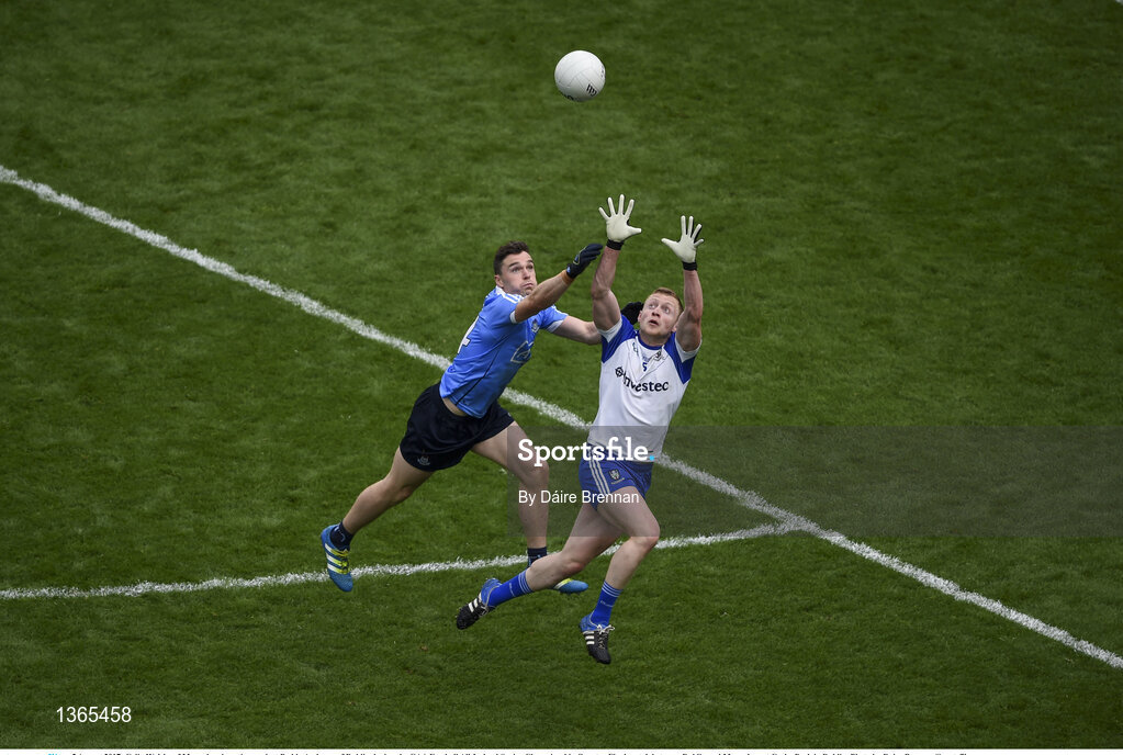 5 August 2017; Colin Walshe of Monaghan in action against Paddy Andrews of Dublin during the GAA Football All-Ireland Senior Championship Quarter-Final match between Dublin and Monaghan at Croke Park in Dublin. Photo by Daire Brennan/Sportsfile