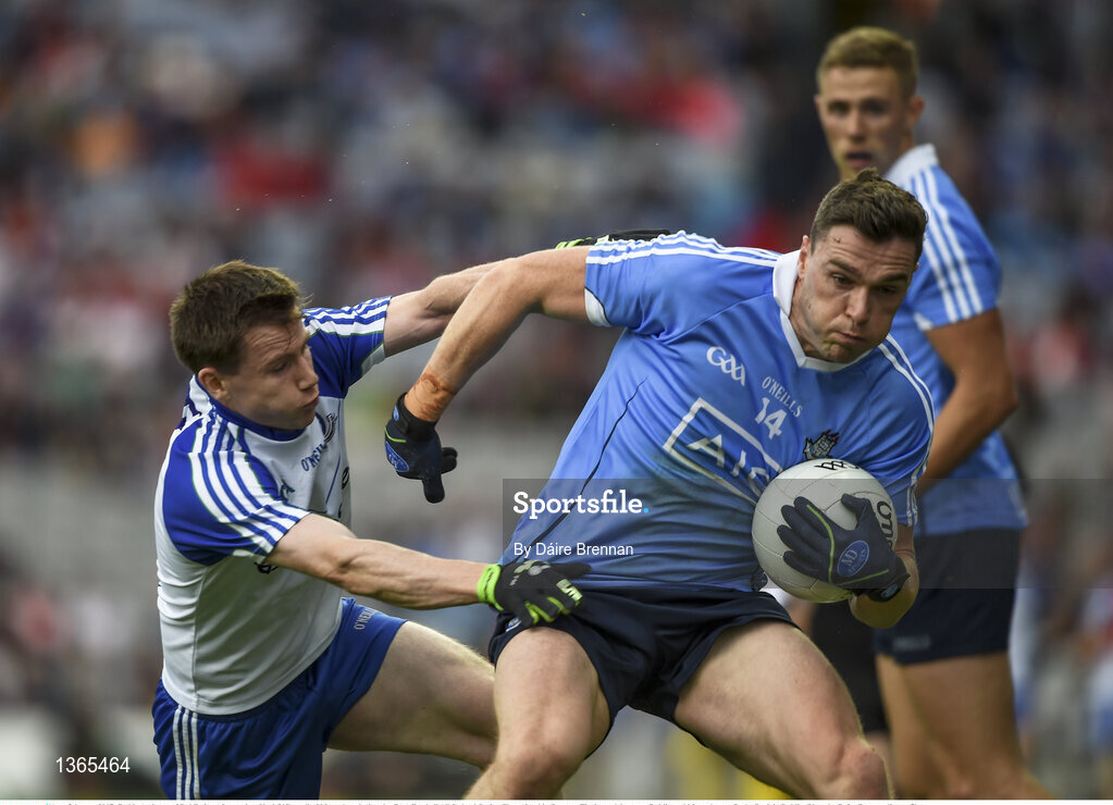 5 August 2017; Paddy Andrews of Dublin in action against Karl O'Connell of Monaghan during the GAA Football All-Ireland Senior Championship Quarter-Final match between Dublin and Monaghan at Croke Park in Dublin. Photo by Daire Brennan/Sportsfile