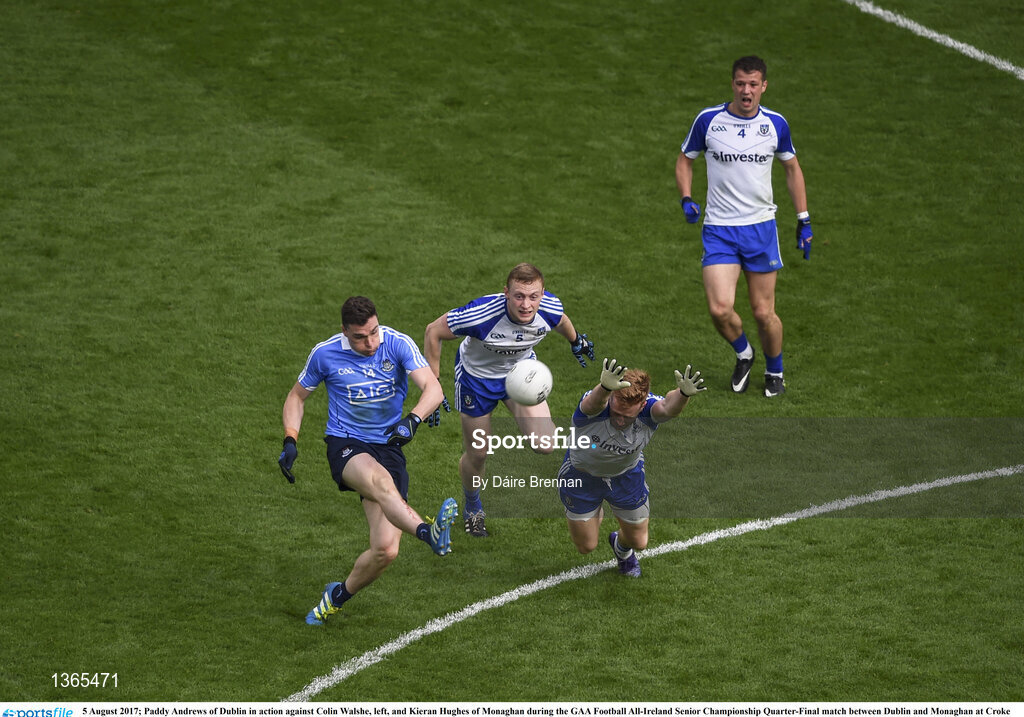5 August 2017; Paddy Andrews of Dublin in action against Colin Walshe, left, and Kieran Hughes of Monaghan during the GAA Football All-Ireland Senior Championship Quarter-Final match between Dublin and Monaghan at Croke Park in Dublin. Photo by Daire Brennan/Sportsfile