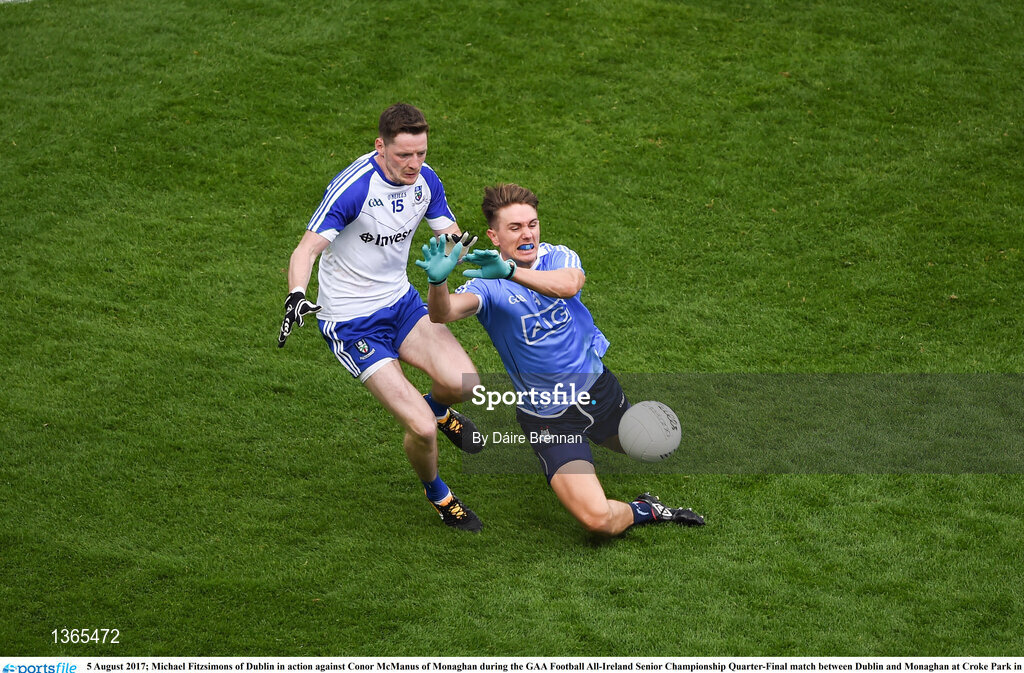 5 August 2017; Michael Fitzsimons of Dublin in action against Conor McManus of Monaghan during the GAA Football All-Ireland Senior Championship Quarter-Final match between Dublin and Monaghan at Croke Park in Dublin. Photo by Daire Brennan/Sportsfile