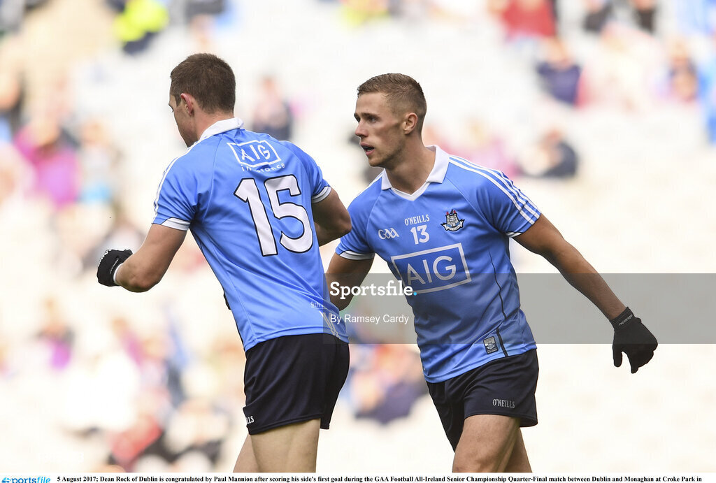 5 August 2017; Dean Rock of Dublin is congratulated by Paul Mannion after scoring his side's first goal during the GAA Football All-Ireland Senior Championship Quarter-Final match between Dublin and Monaghan at Croke Park in Dublin. Photo by Ramsey Cardy/Sportsfile