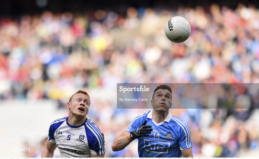 5 August 2017; Colin Walshe of Monaghan in action against Paddy Andrews of Dublin during the GAA Football All-Ireland Senior Championship Quarter-Final match between Dublin and Monaghan at Croke Park in Dublin. Photo by Ramsey Cardy/Sportsfile