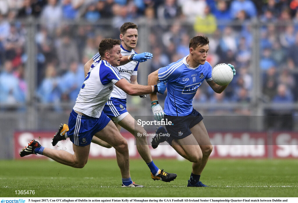 5 August 2017; Con O’Callaghan of Dublin in action against Fintan Kelly of Monaghan during the GAA Football All-Ireland Senior Championship Quarter-Final match between Dublin and Monaghan at Croke Park in Dublin. Photo by Ramsey Cardy/Sportsfile